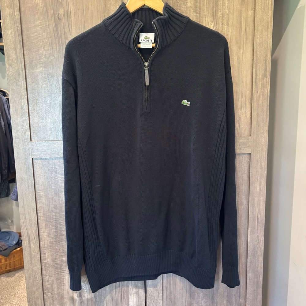 Lacoste Mens Black Cotton Quarter Zip Pullover XL Sweater Size 7